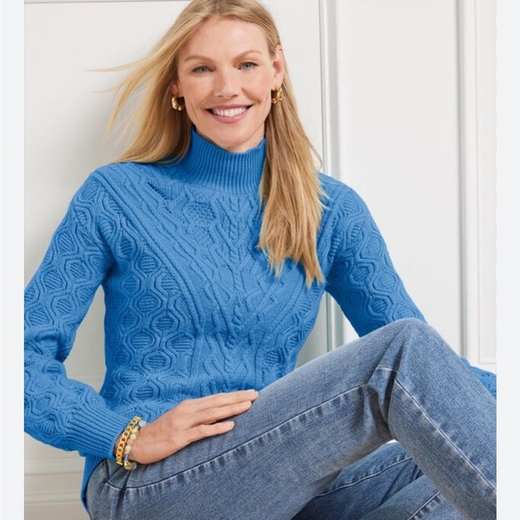 Talbots Blue Cable Knit Mockneck Long Sleeve Sweater Women’s Size Small Petite - Picture 1 of 6